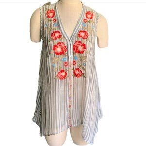 BOHO Striped Embroidered Flowers Sleeveless V-Neck Tunic Top Sz L #23E